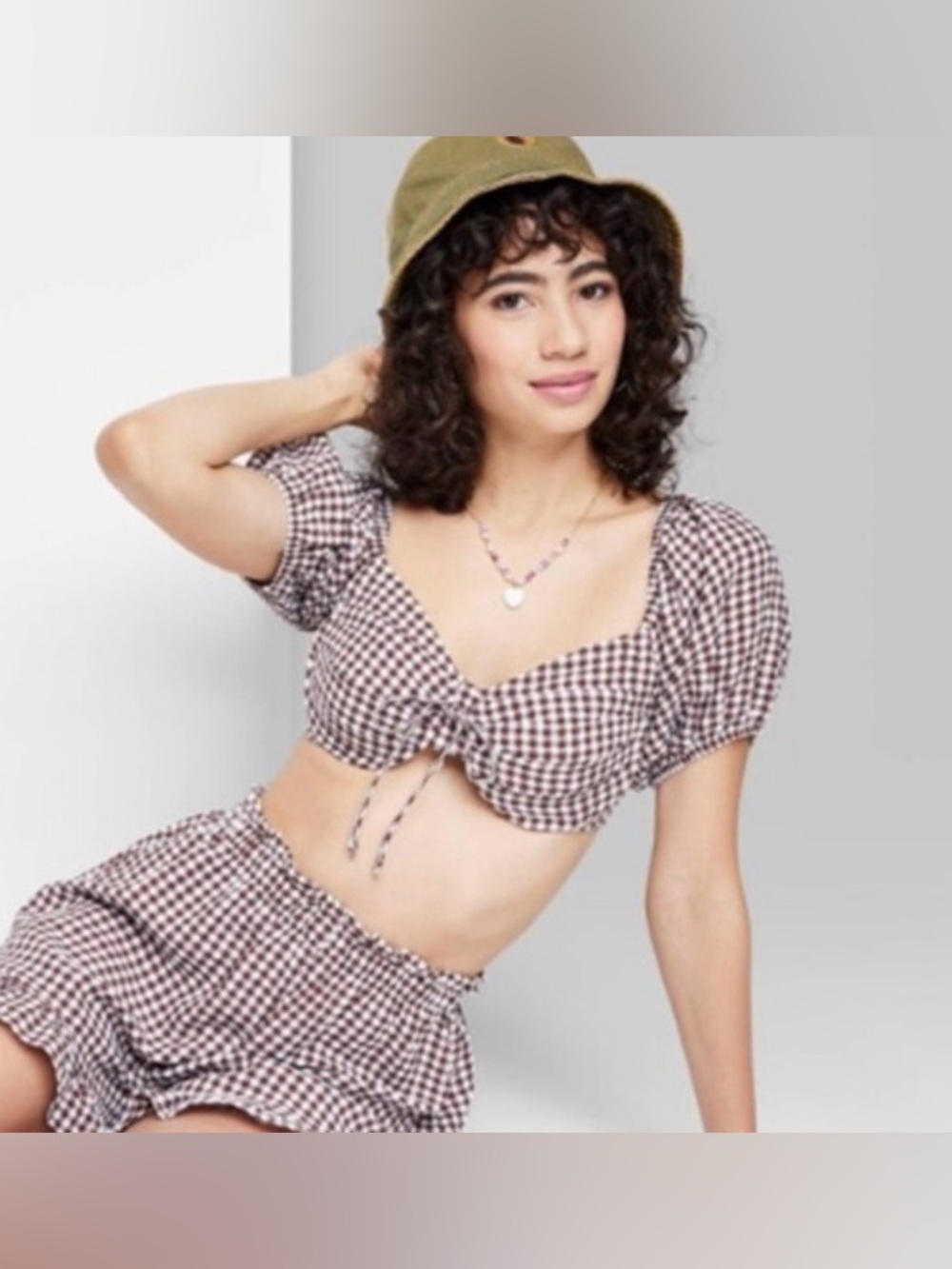 Wild Fable|Brown-White Gingham matching set,Off-Shoulder micro crop top & shorts